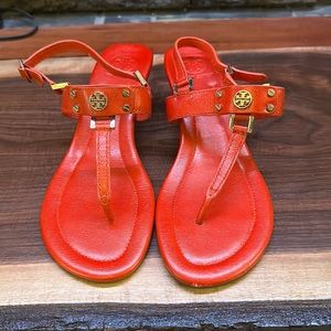 Leather Tory Burch orange with gold accents wedge sandals, size 10.5
